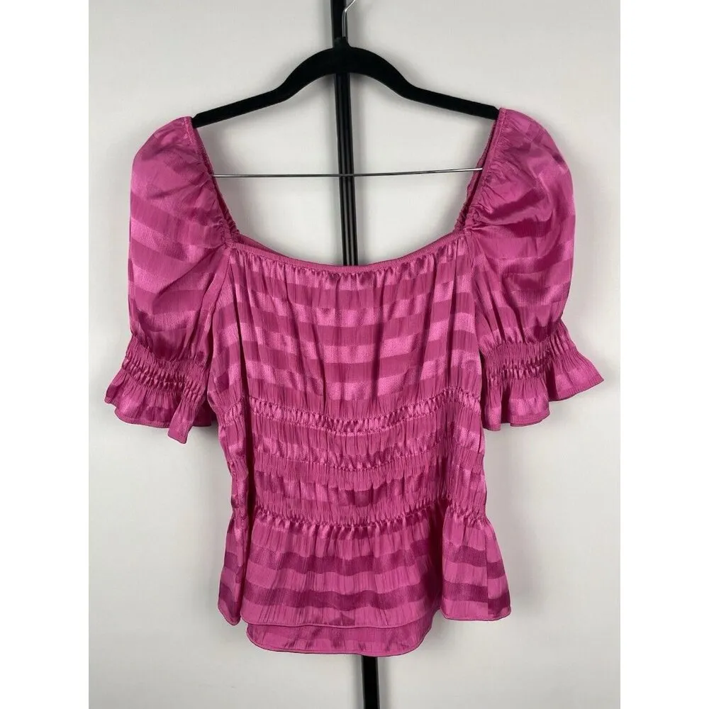 1.STATE Hot Pink Shadow Stripe Puff‎ Sleeve Shirred Waist Square Neck Top Sz M Size M - Image 6