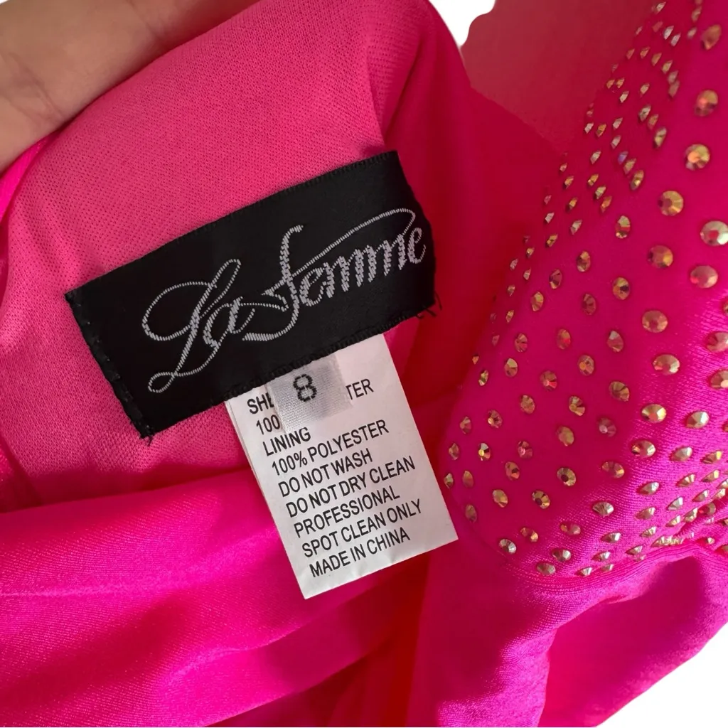 La Femme Rhinestone Plunge Neck Gown Neon Pink 4 Formal‎ Prom Strappy 30601 - Image 11