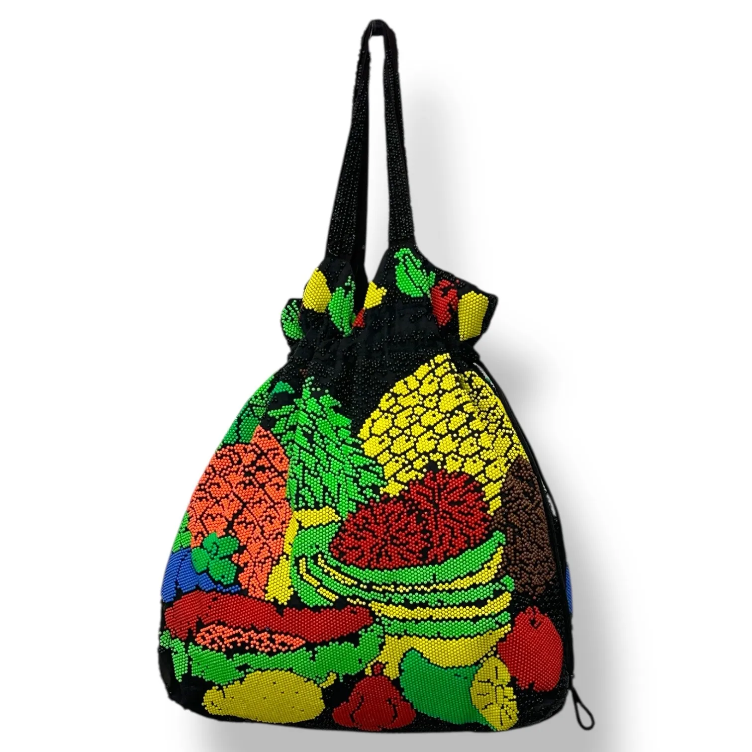 Vtg Artisan Beaded Tropical Fruit Drawstring Bag Women Medium Colorful Statement Black - Image 2