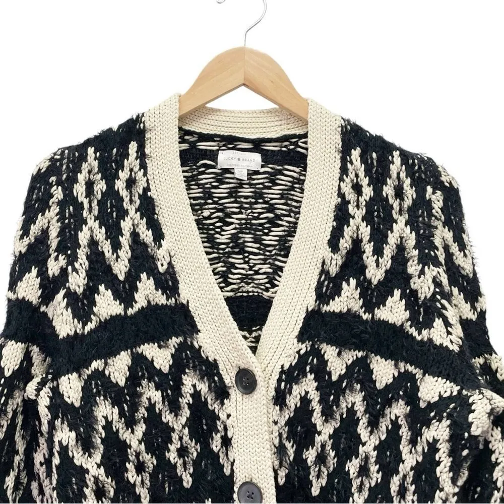 Lucky Brand Diamond Fair Isle Long Boho Cardigan Black & Cream Womens Size Small - Image 7