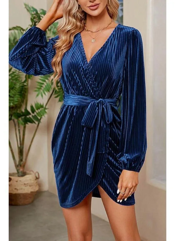 NEW MEROKEETY Wrap Velvet Mini Dress Ribbed Cocktail Party M NO BELT - Image 6
