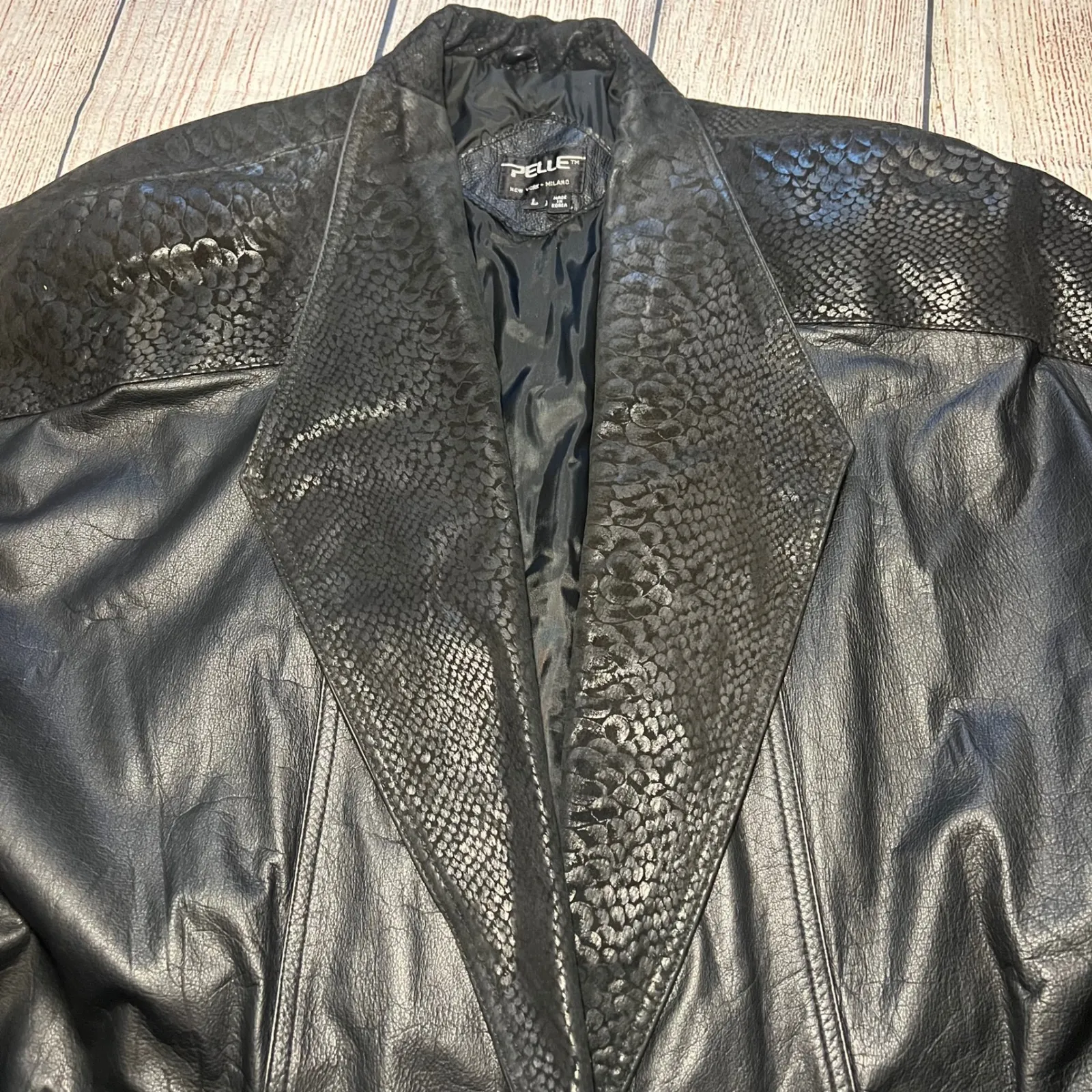 VTG PELLE New York Milano Black Leather Jacket Snakeskin Print Womens‎ Large 90s - Image 4