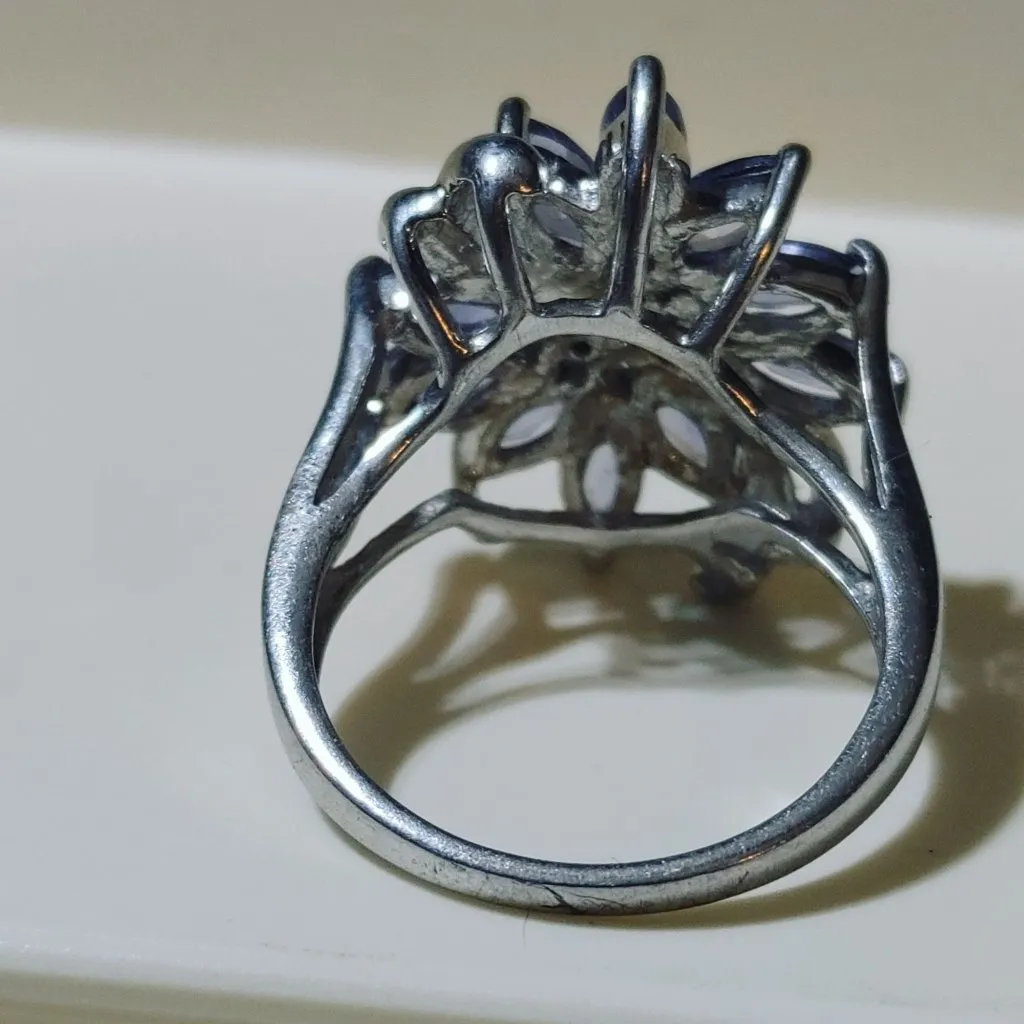 Tanzanite Flower Ring Size 7 Sterling Silver 925 Sparkling Accents Stamped RJ - Image 11