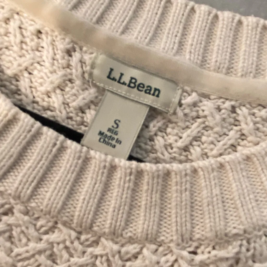 L.L. Bean Size S Cream Cotton Waffle Knit Long Sleeve Crew Neck Pullover Sweater - Image 9