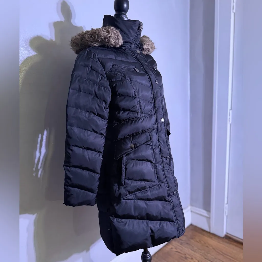 Laundry By Shelli Segal Navy Puffer Coat with Faux Fur Hood Sz M - Image 2