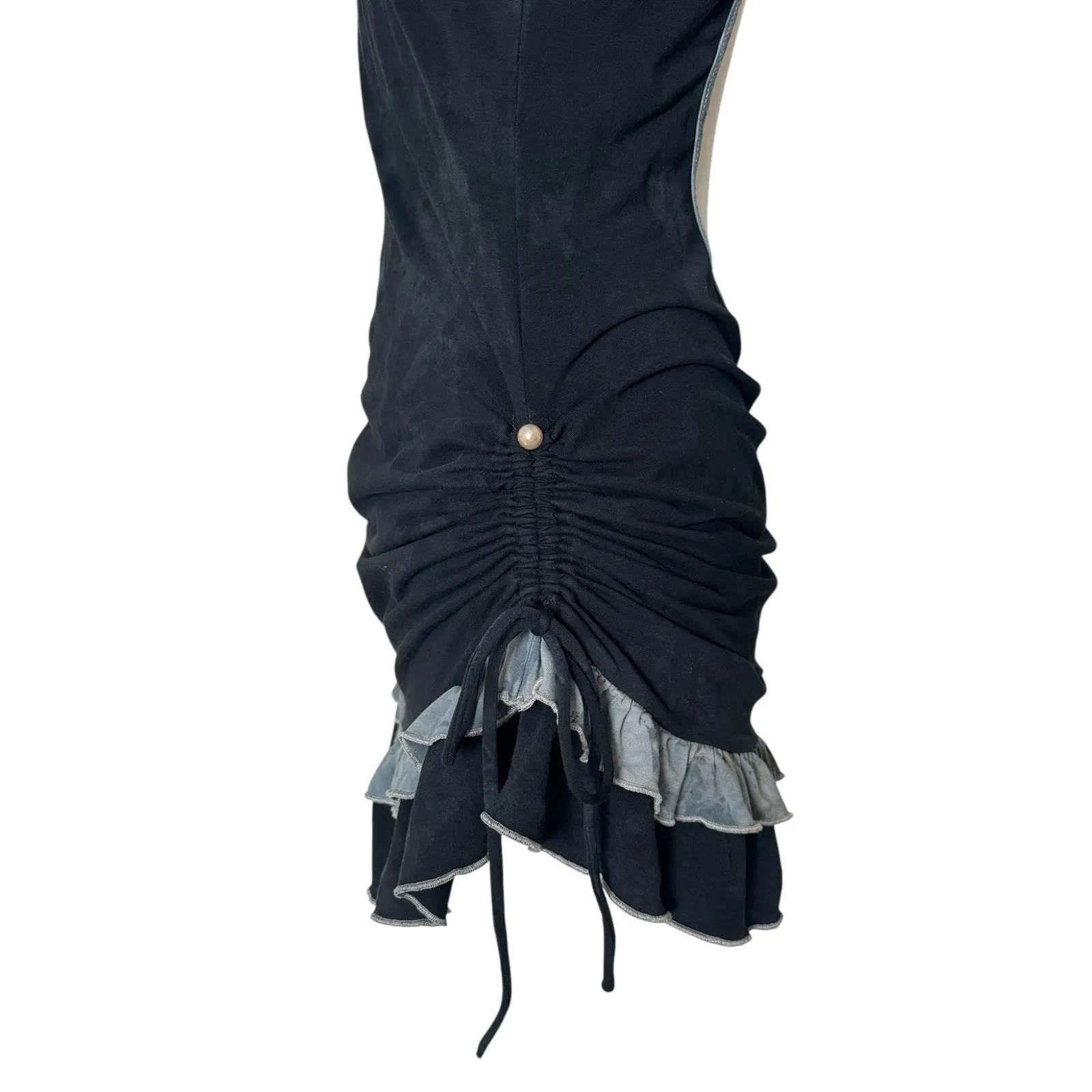 RARE Indie Vintage Cutout Ruffle Mini Dress Y2K Coquette Cottagecore Goth Sz M Black Size M - Image 12