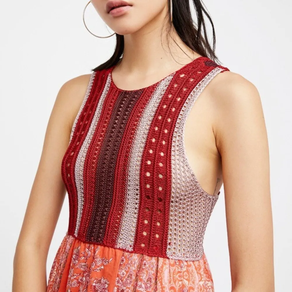 Free People • Katie’s Crochet Top Mini Dress boho bandana print red orange flare - Image 7