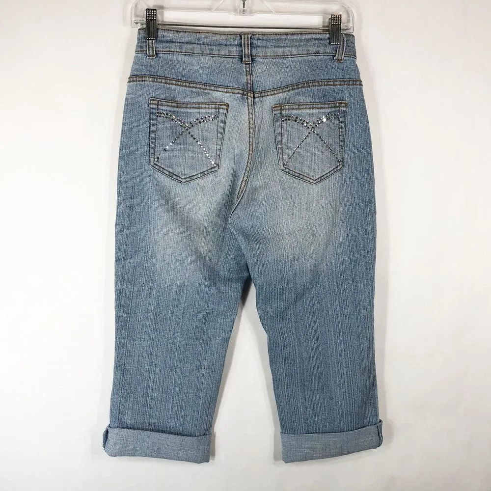 Cache Size 4 Capri Jeans Cropped Light Blue Rhinestones Cuffed Pockets‎ 1075 - Image 2