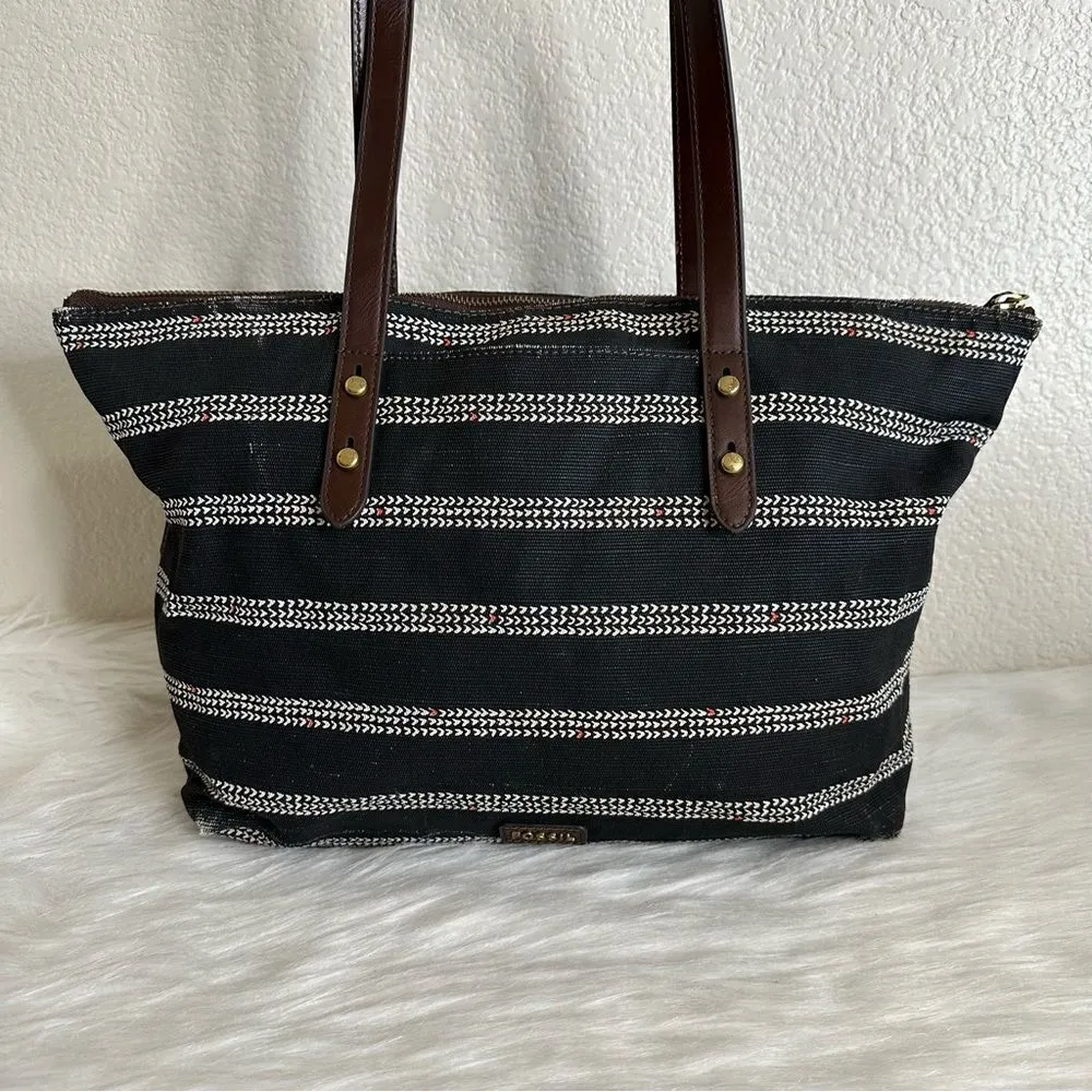 Fossil Jenna Black White Heart Striped Tote Bag - Image 11