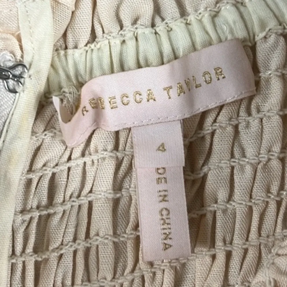 Rebecca Taylor Jumpsuit Womens 4 Cream Smocked Tie Strap Wide Leg Linen Beachy - Image 5