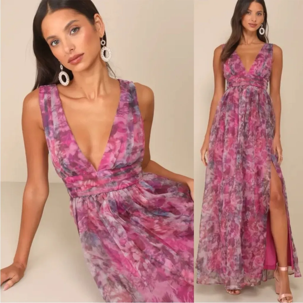 Lulus Garden Romance Magenta Floral Print Organza Maxi Dress Medium Purple - Image 3