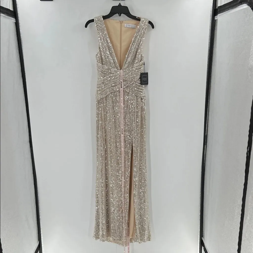 NWT Mac Duggal 26598 Nude Silver Sequin Wrap Waist Gown V Neck Slit Size 6 - Image 11