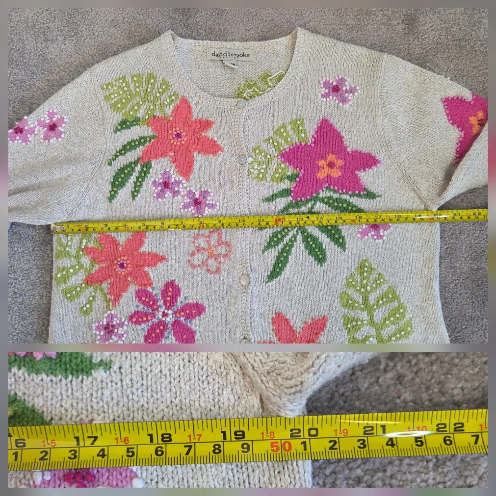 David Brooks Knit Button Up Floral Sweater Size Petite Med Vintage Maximalist Tan - Image 9