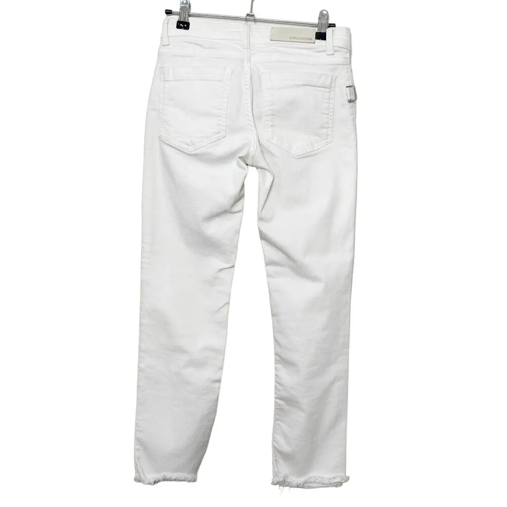 Zadig & Voltaire White Ava Permanent Low Rise Frayed Hem Jeans White Size 24 - Image 2