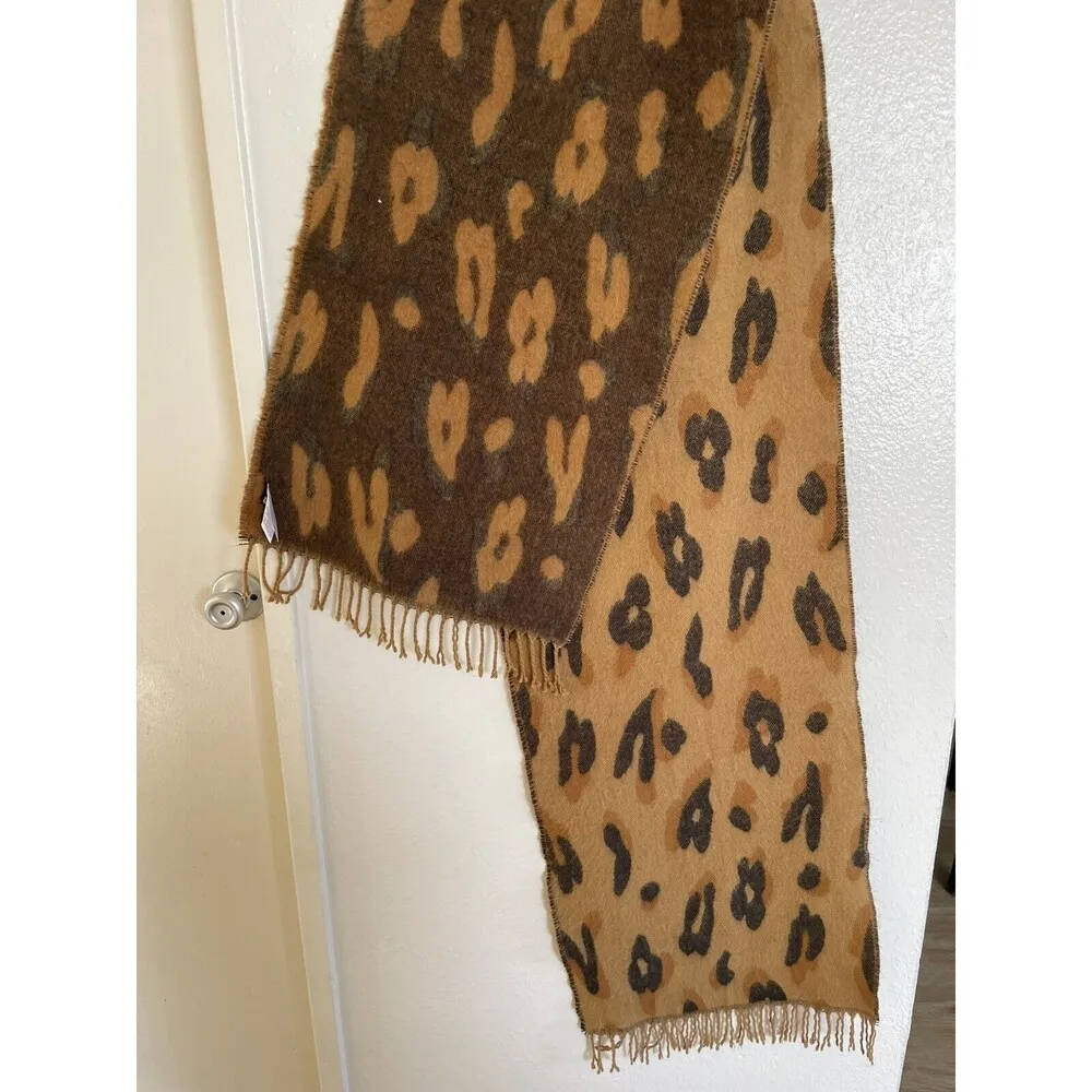 Madewell Brown Double-sided Tassel Leopard Animal Print Knit Scarf Soft & Warm - Image 2