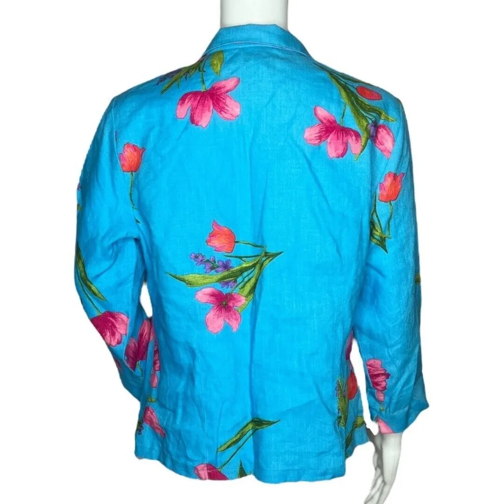 Talbots Shirt Women 12 Blue Pink Floral Button Up Linen V-Neck Deadstock Vintage - Image 4