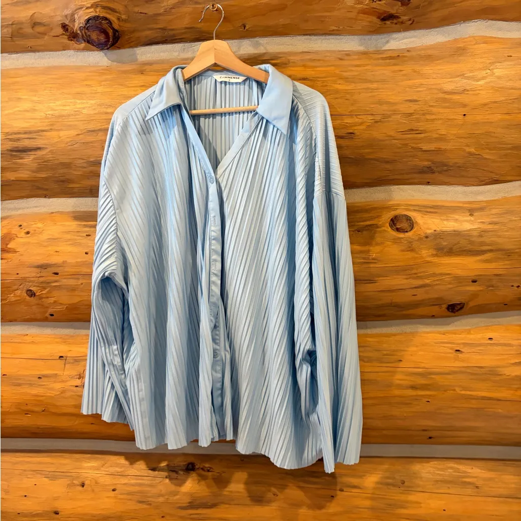 Commense Leisure Pleated 2pc Set sz L Blue Oversize Button Up Top Wide Leg Size L - Image 2