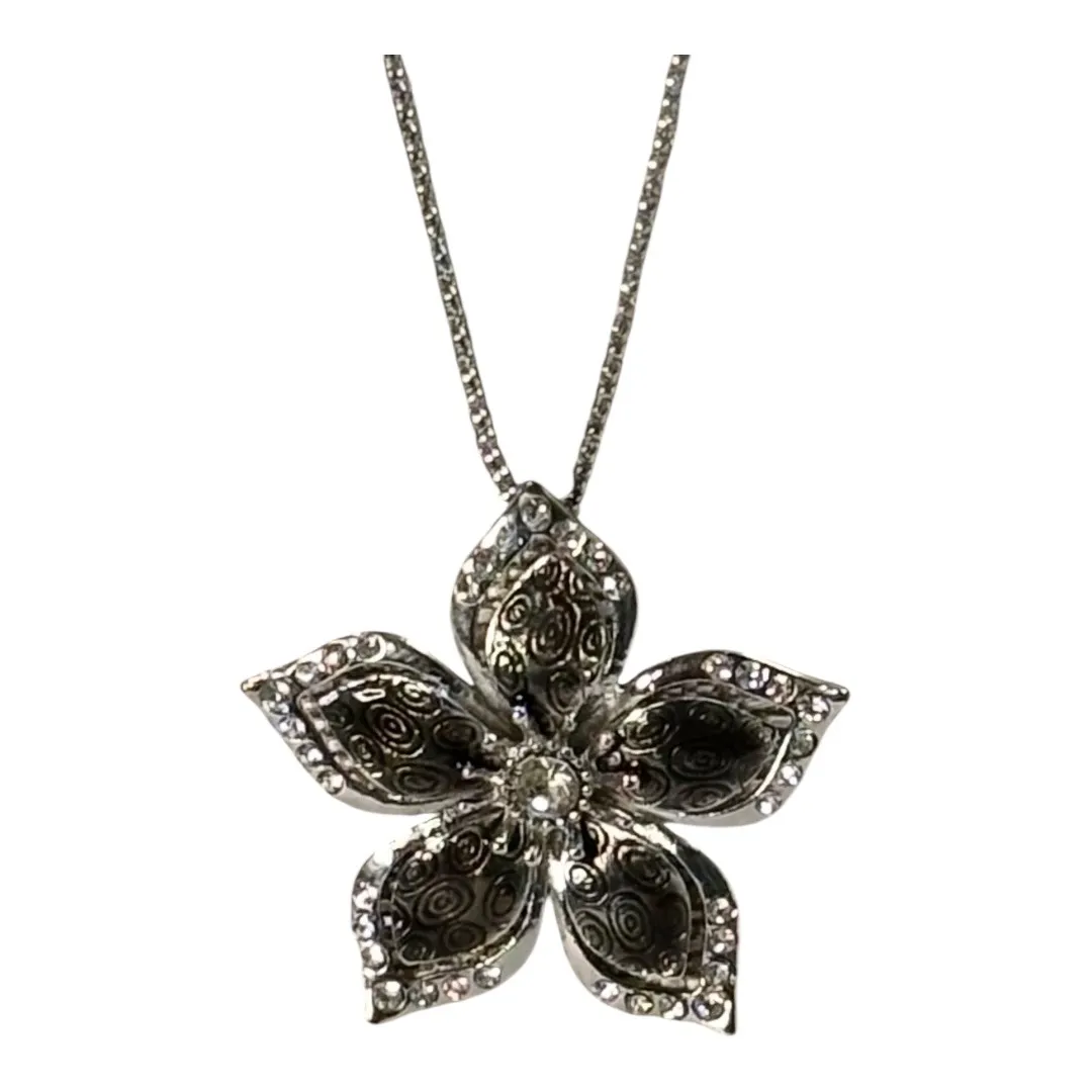 Flower Necklace Earring Set Silver‎ Tone Rhinestone Floral Jewelry Silver - Image 6