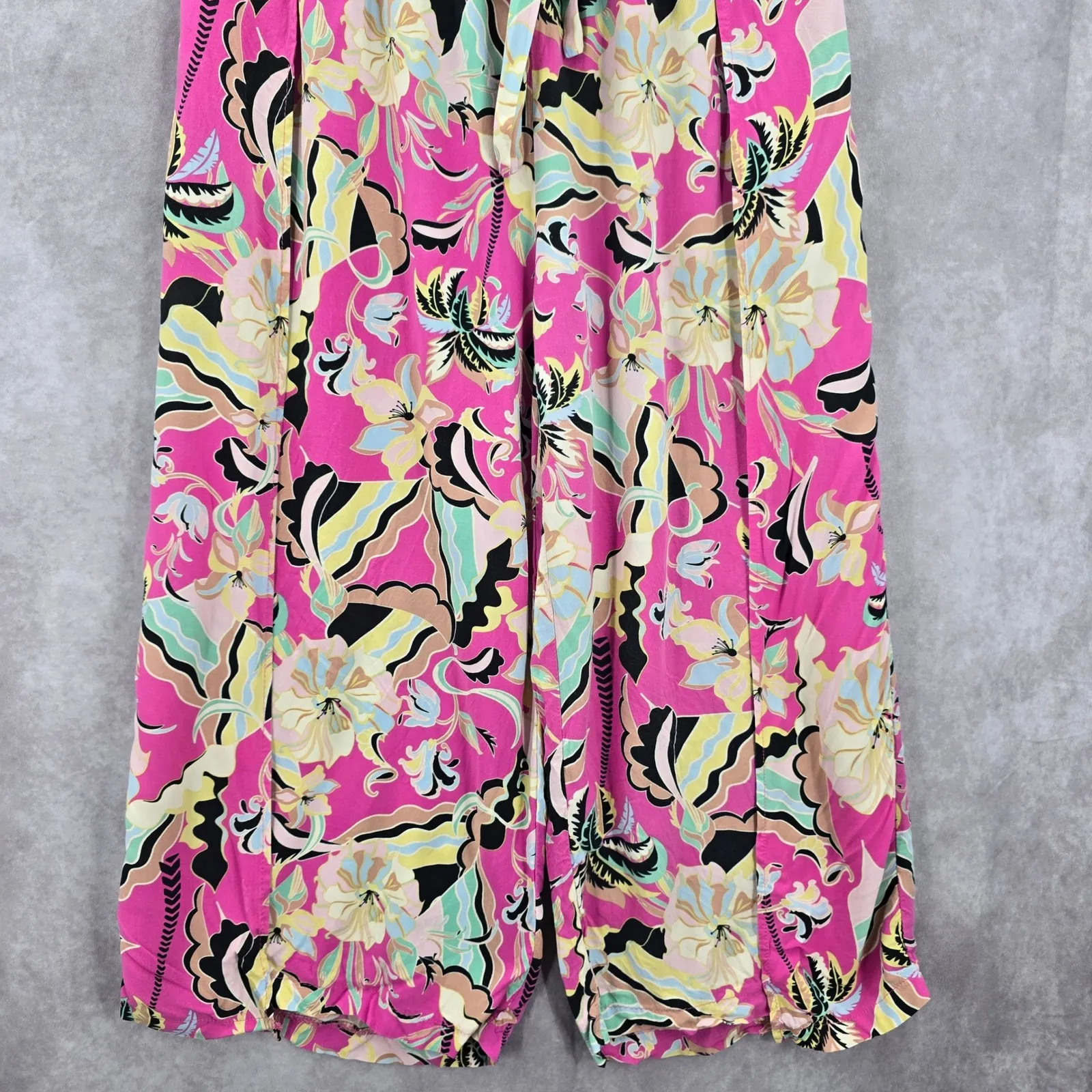 New Look Pink Floral Elastic Crop Belt Beach Boho Wide Leg Pants Trousers XL - Image 4