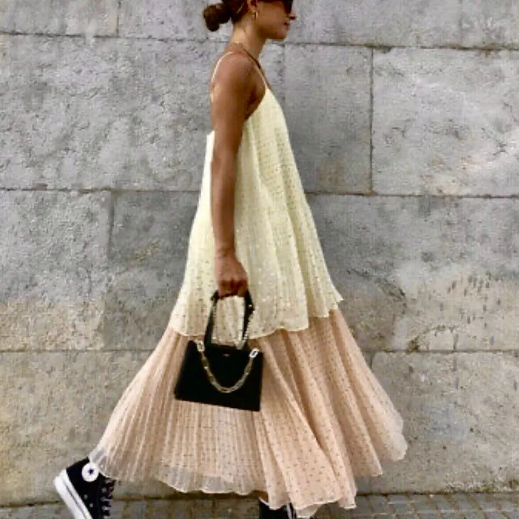 Zara NWT plisse double layered tiered silver Metallic thread pleated flowy dress - Image 6