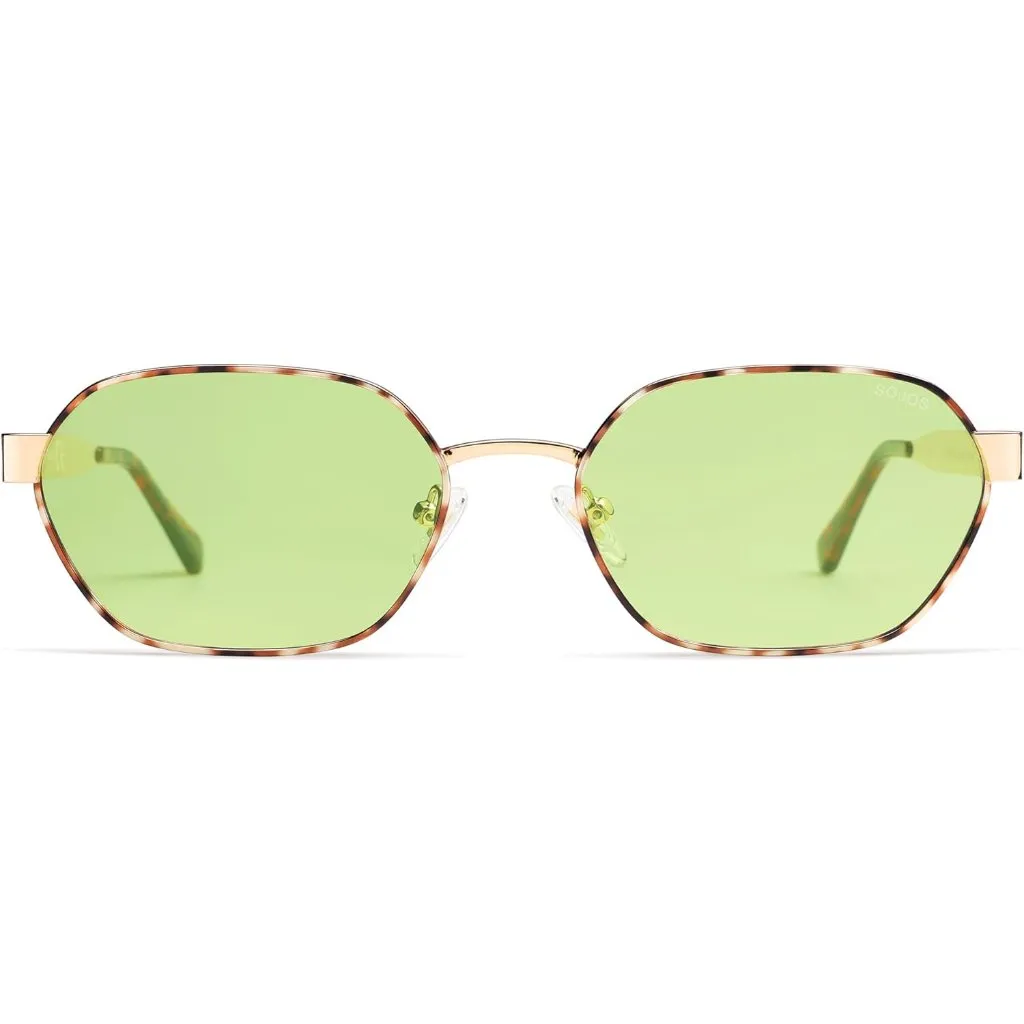 Unisex Tortoise/Green Trendy Hexagon Sunglasses for UV400 Retro Rectangle Shades Tan - Image 2