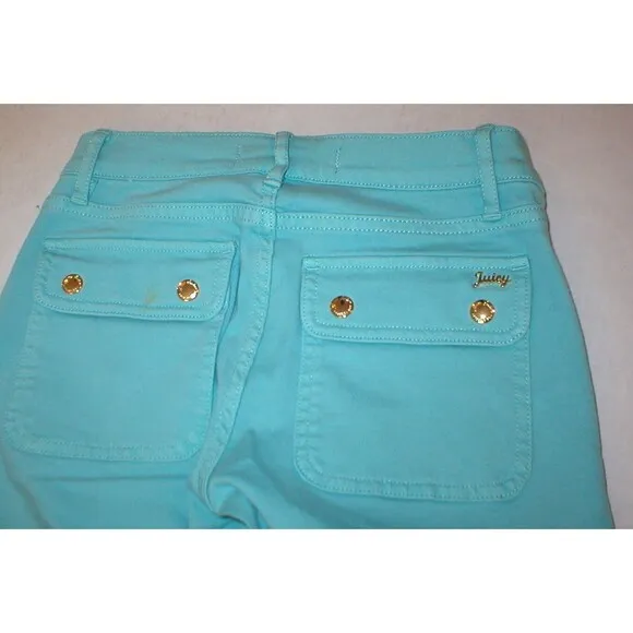 New Logo Crop Jeans Juicy Couture 25 Womens Snap Pockets Aqua Blue Teal Skinny - Image 2