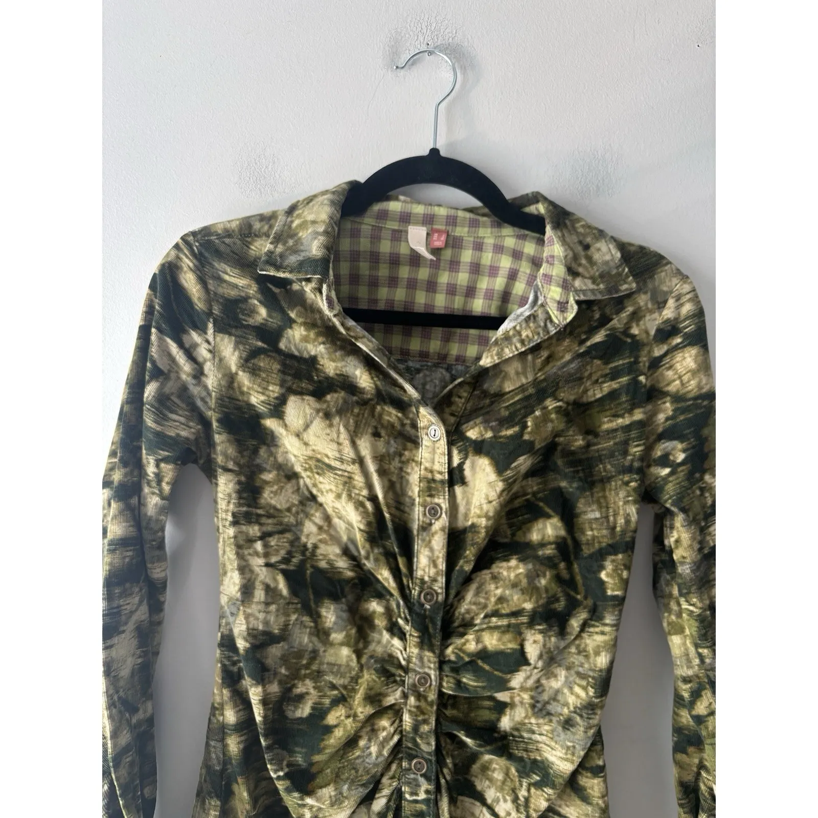 Anthropologie Pilcro Ruched Corduroy Green Printed Mini Shirt Dress Size 0 - Image 8