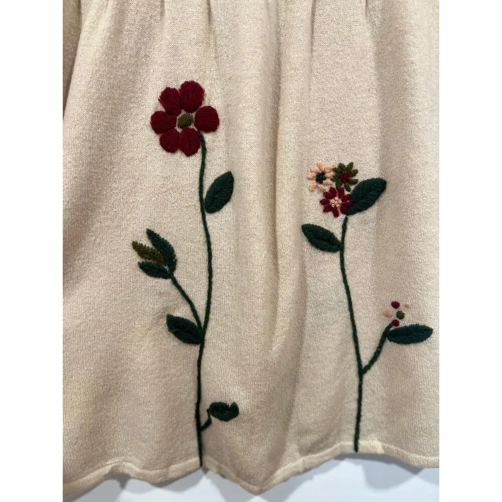 Vintage Jocomomola de Sybilla Wool Embroidered Turtle neck Dress Beige Floral L Size L - Image 4