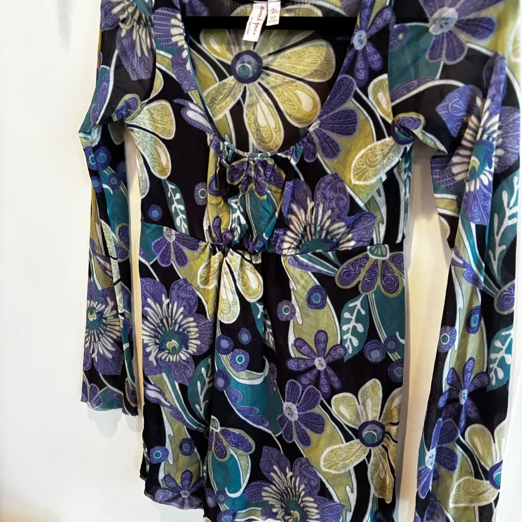 Sweet Pea by Stacy Frati Euro Micro Mesh Fairy Baby Doll Top Floral Print Size M Purple Size M - Image 4