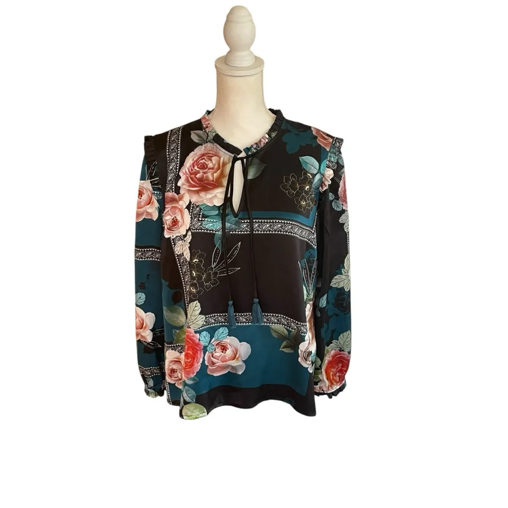 Johnny Was Boho Rosabel Ruffle Silk Blouse Floral Large Romantic Goth - Image 2
