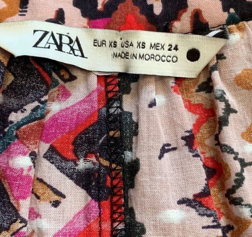 Zara Mini Dress Red Hot Pink Abstract Print Long Sleeve Drop Waist Ruffle XS - Image 10