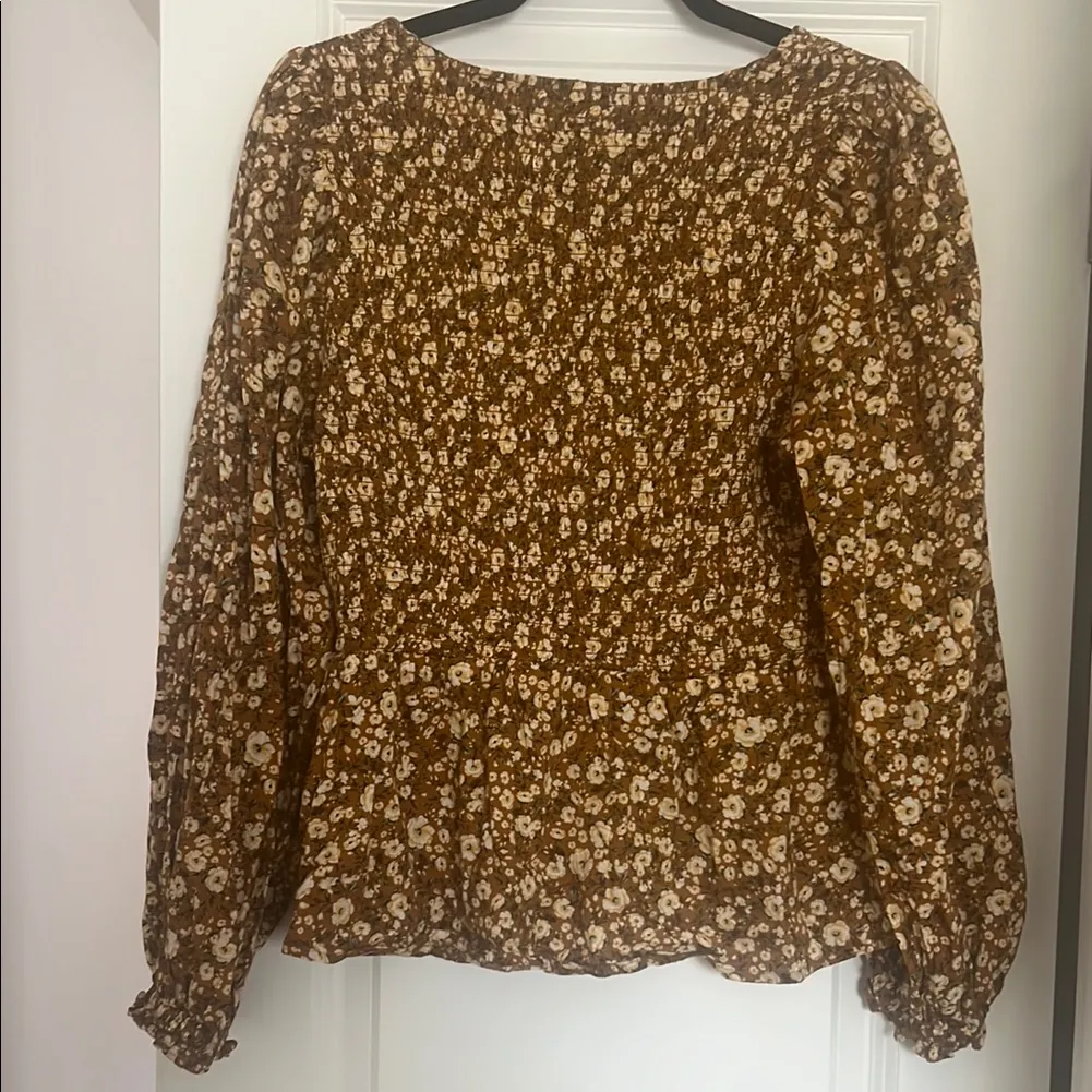 Old Navy Brown Floral Peplum Blouse – Boho Cottagecore Long Sleeve Top (L) - Image 3