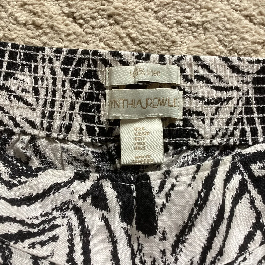 100% LINEN WIDE LEG PETITE PALAZZO PANTS BONE/BLACK TROPICAL LEAF PRINT SIZE S/P - Image 4