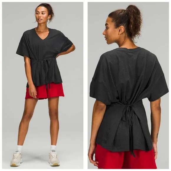 Lululemon Side Tie V-Neck T-Shirt Size 4 Heathered Black Oversized Workout - Image 2