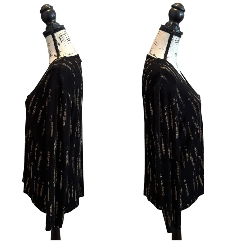 Chicos Travelers Womens Folk Art Slinky Cardigan Black Size Large Tribal African - Image 3