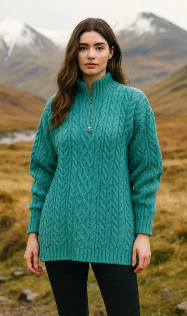 Aran Crafts 100% Merino Wool Turquoise Cable Knit 1/4 Zip Turtleneck Sweater Blue Size M - Image 1