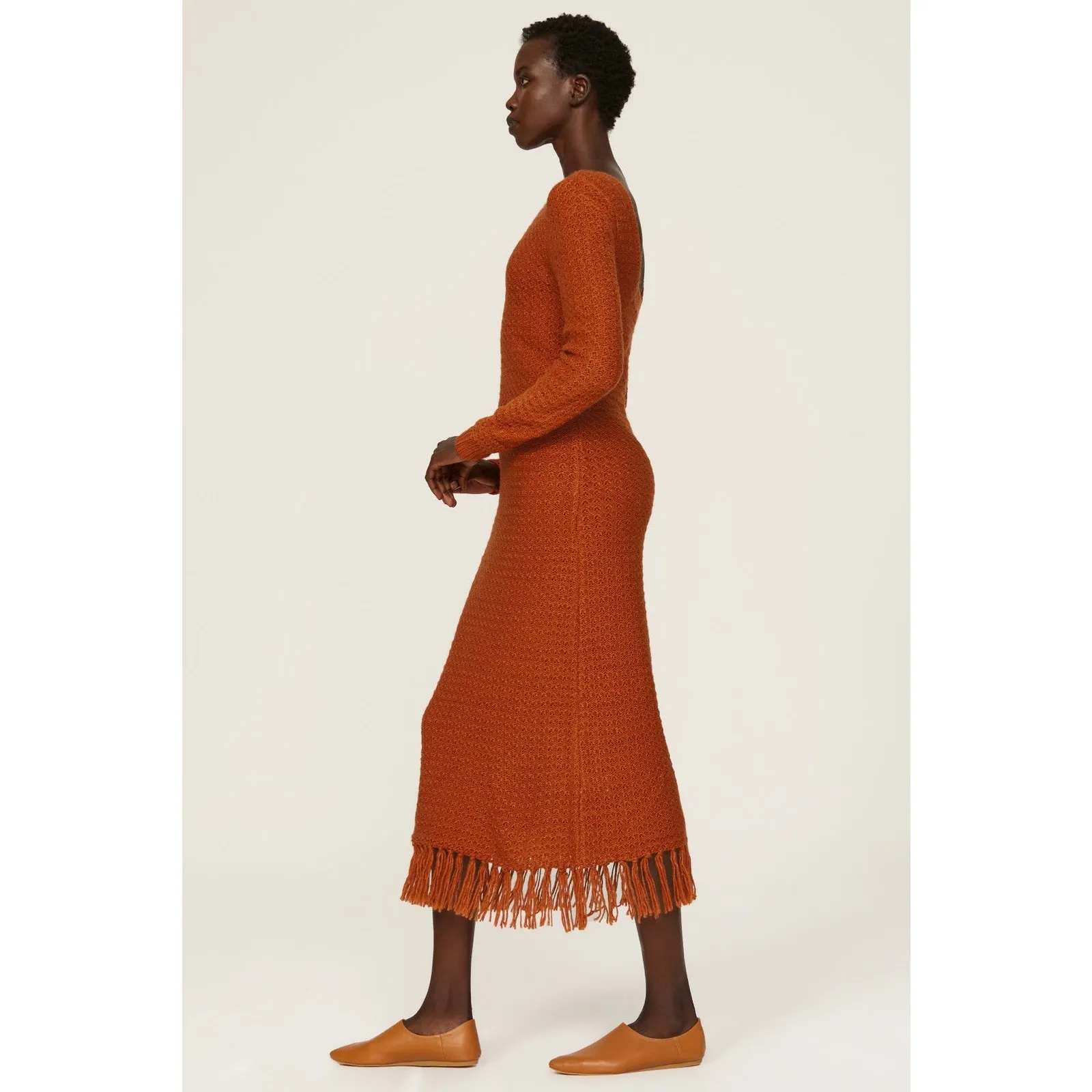 Pamela Love Orange Fringe Knit Long Sleeve Midi Boho Sweater Dress Size Medium - Image 2