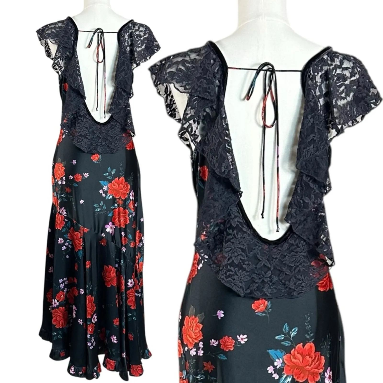 Free People Warm Hearts Satin Midi Dress Size Large Lace Floral Dainty Romantic - Image 9