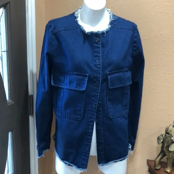 zara trafaluc denim frayed collareless jacket - Image 5