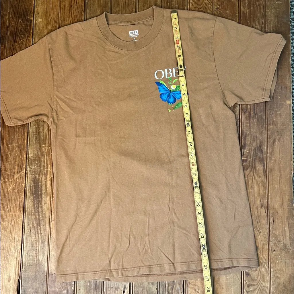 Obey Brown Tee shirt with Blue Butterfly Graphic - Image 5