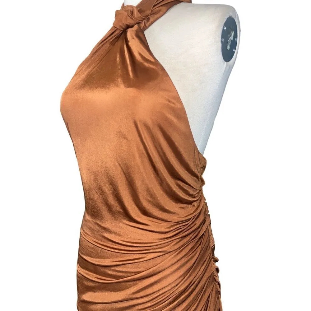 GAUGE81 Riga Halter Slinky Dress in Chestnut Brown Large New Womens Cocktail - Image 6