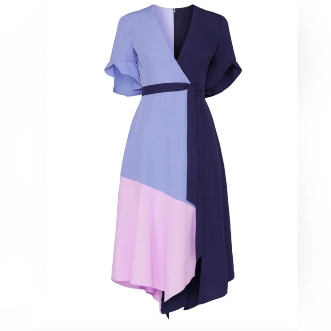 Antropologie Hutch V Neck Color Block Flutter Sleeve Wrap Dress Blue/Lilac Sz M - Image 2