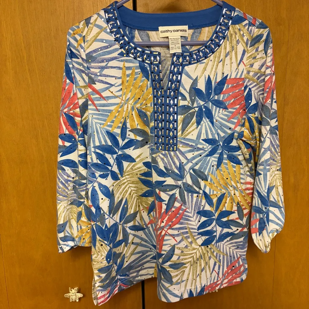 Cathy Daniels Blue Multi Colored Fern Top Size Small - Image 9