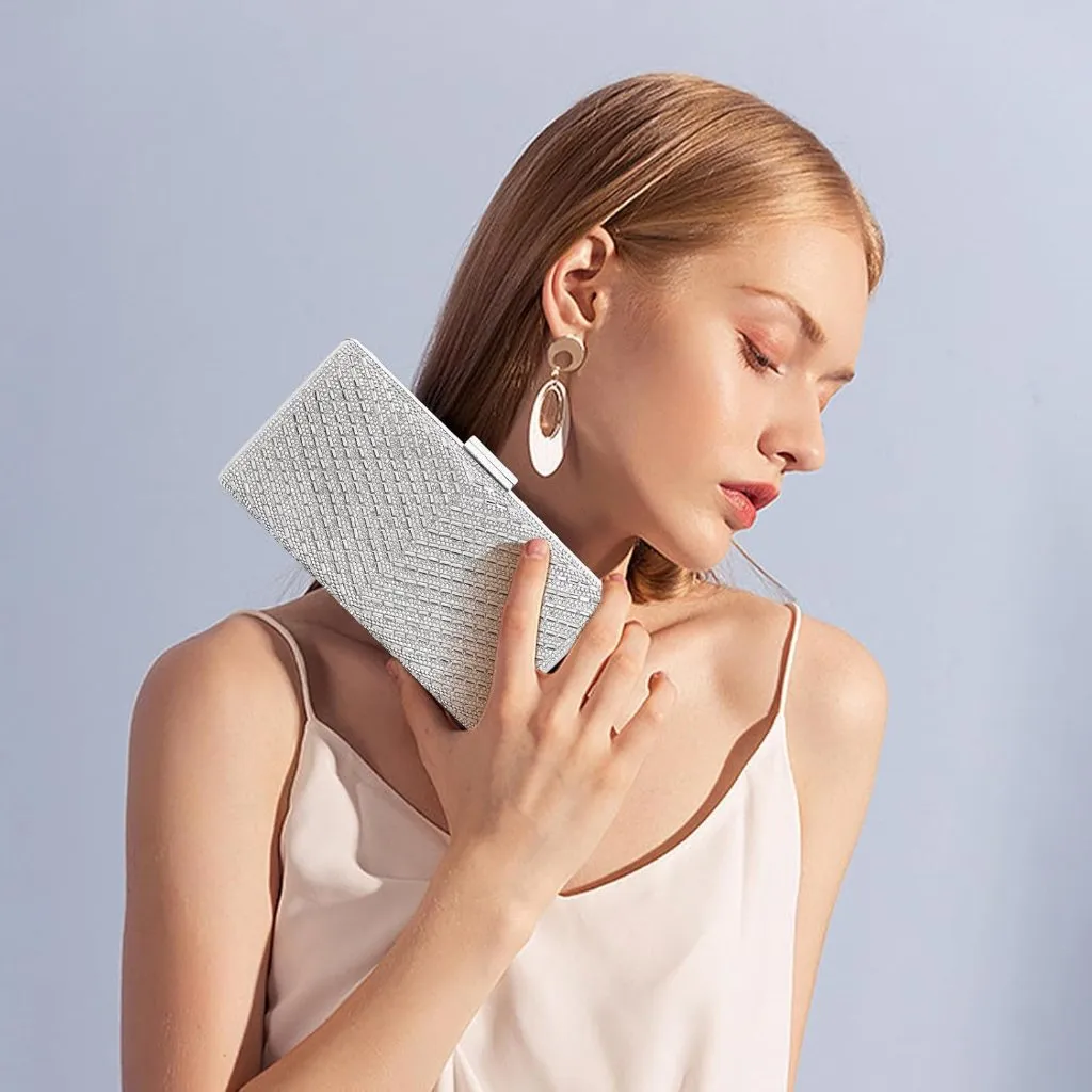 ⚡ Women's Sparkly Rhinestone Glitter Metal Clasp Chain Evening Silver Clutch Bag - Image 2