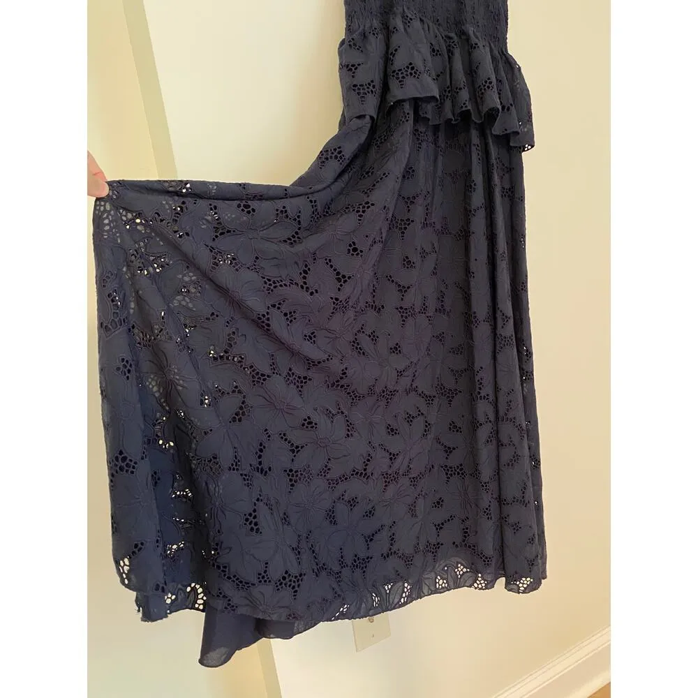 Lug Von Siga Navy Blue Eyelet Floral Tie Back Maxi Dress Smocked EUC EU 38 Size undefined - Image 9