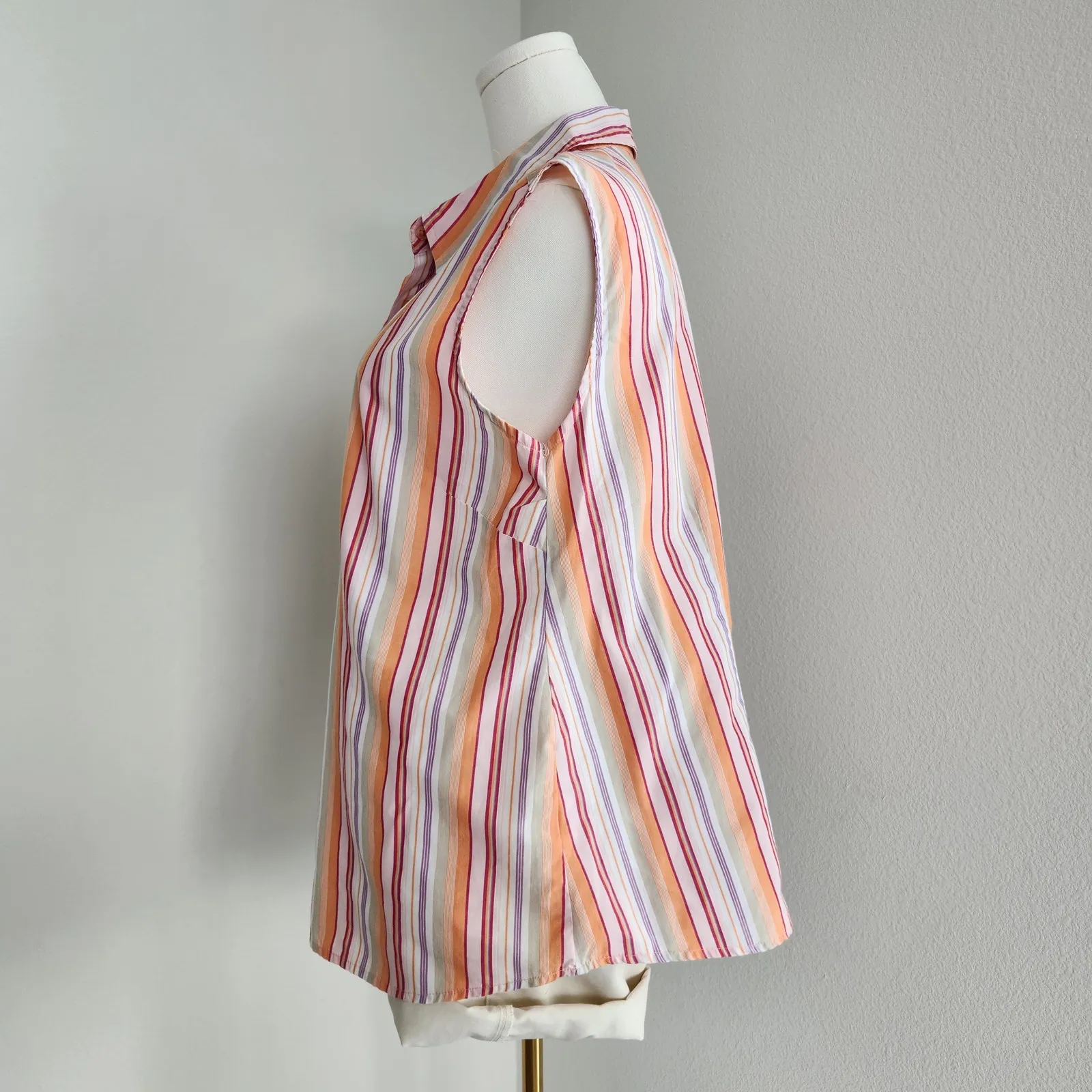 Y2K Basic Editions Orange Pink Striped Sleeveless Button Down Shirt 1X - Image 4