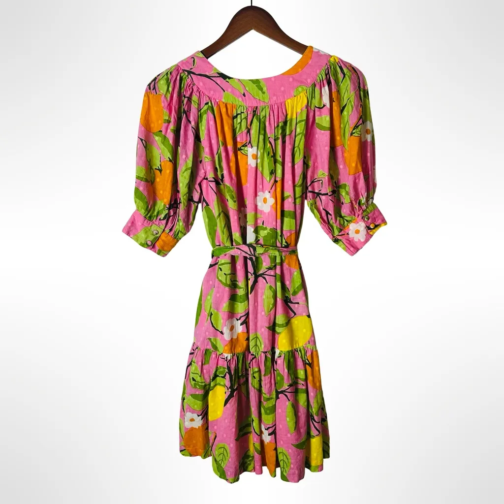 Olivia James Pink Green Floral Cotton Tie Waist Dress Small - Image 8