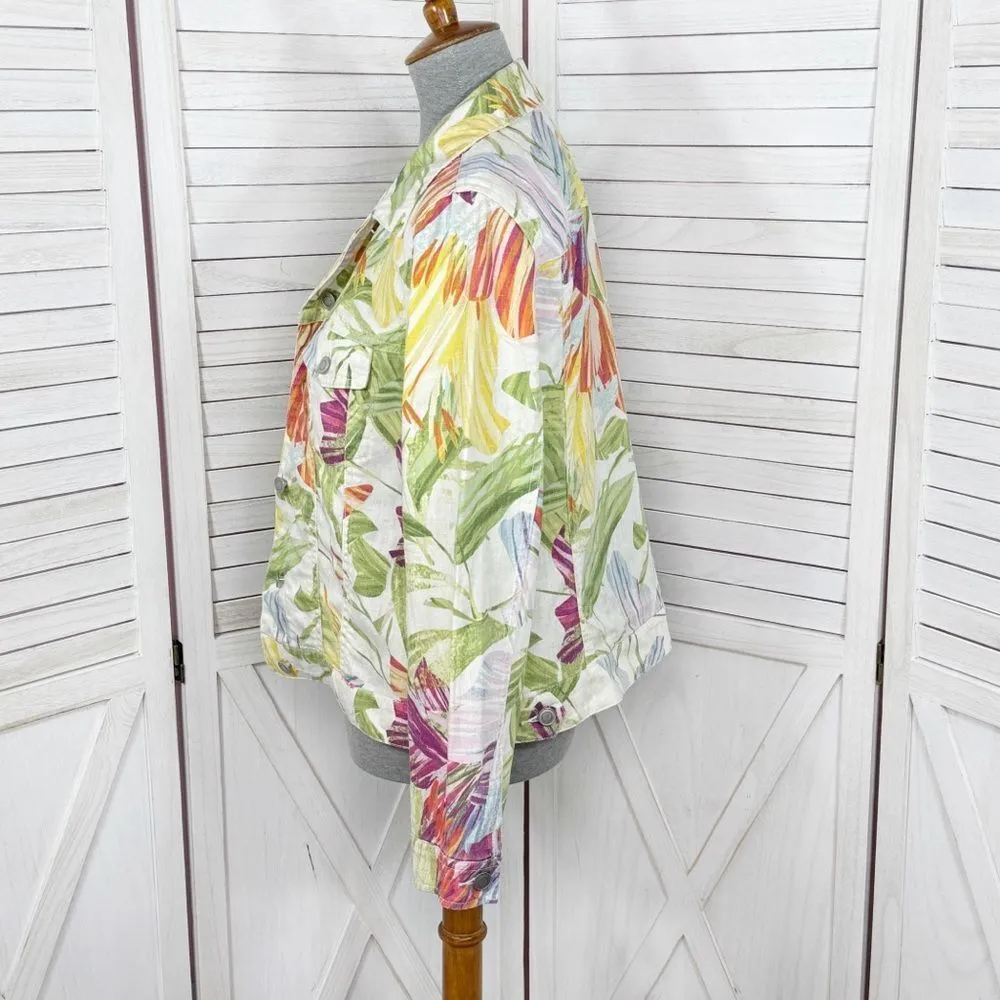 Chico’s Tropical Palm Print Linen Blend Jean Jacket‎ White Multi Medium - Image 2