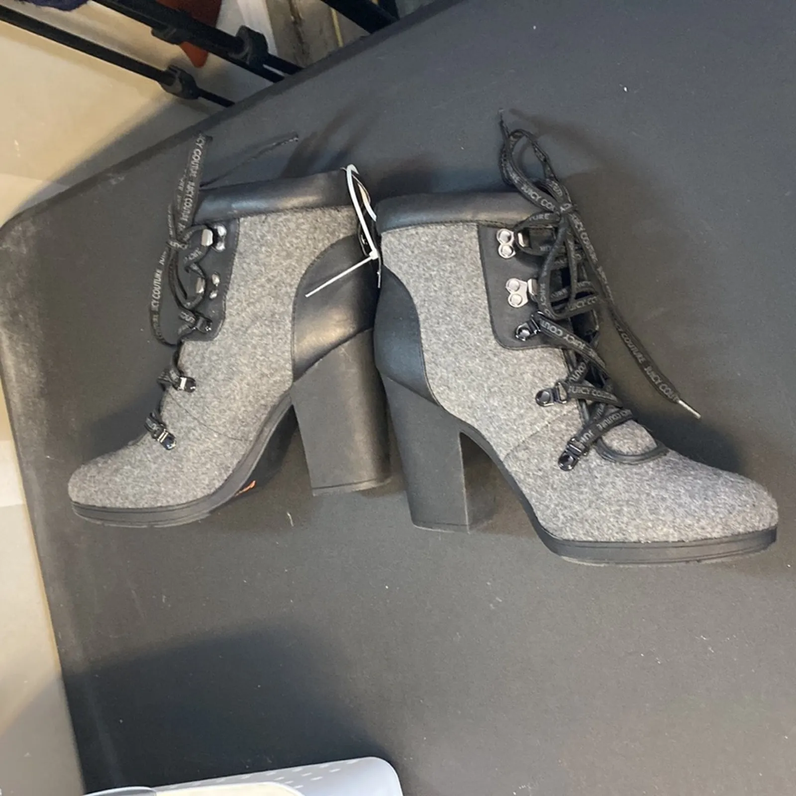 Juicy Couture black grey ankle lace up chunky heel boots True Y2K size 10 - Image 12