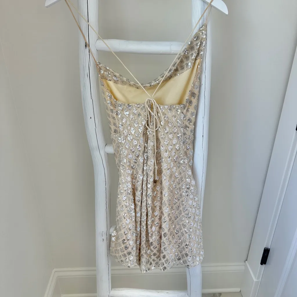 Saints & Secrets Asymmetrical Cowl Neckline Tie-Up Back Sequin Mini Dress Silver - Image 5